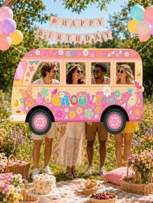 1pc-Retro Hippie Bus Photo Prop, Fun Floral-Themed Cutout Photo Frame, Suitable For Retro-Style Birthday Parties And Bohemian-Themed Events, Versatile And Reusable Party Decoration. - View 10
