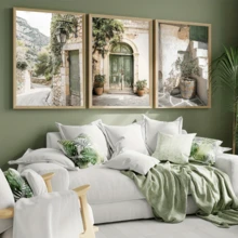 3pcs Boho Style Wall Decor Set, Green Majorca Style Door Hanging Poster, Olive Tree & Floral Plant Theme Wall Art, Minimalist Home Decor For Living Room, Bedroom, Bathroom, Kitchen, Office, Canvas Material (Frame Optional) - Multicolor - View 2