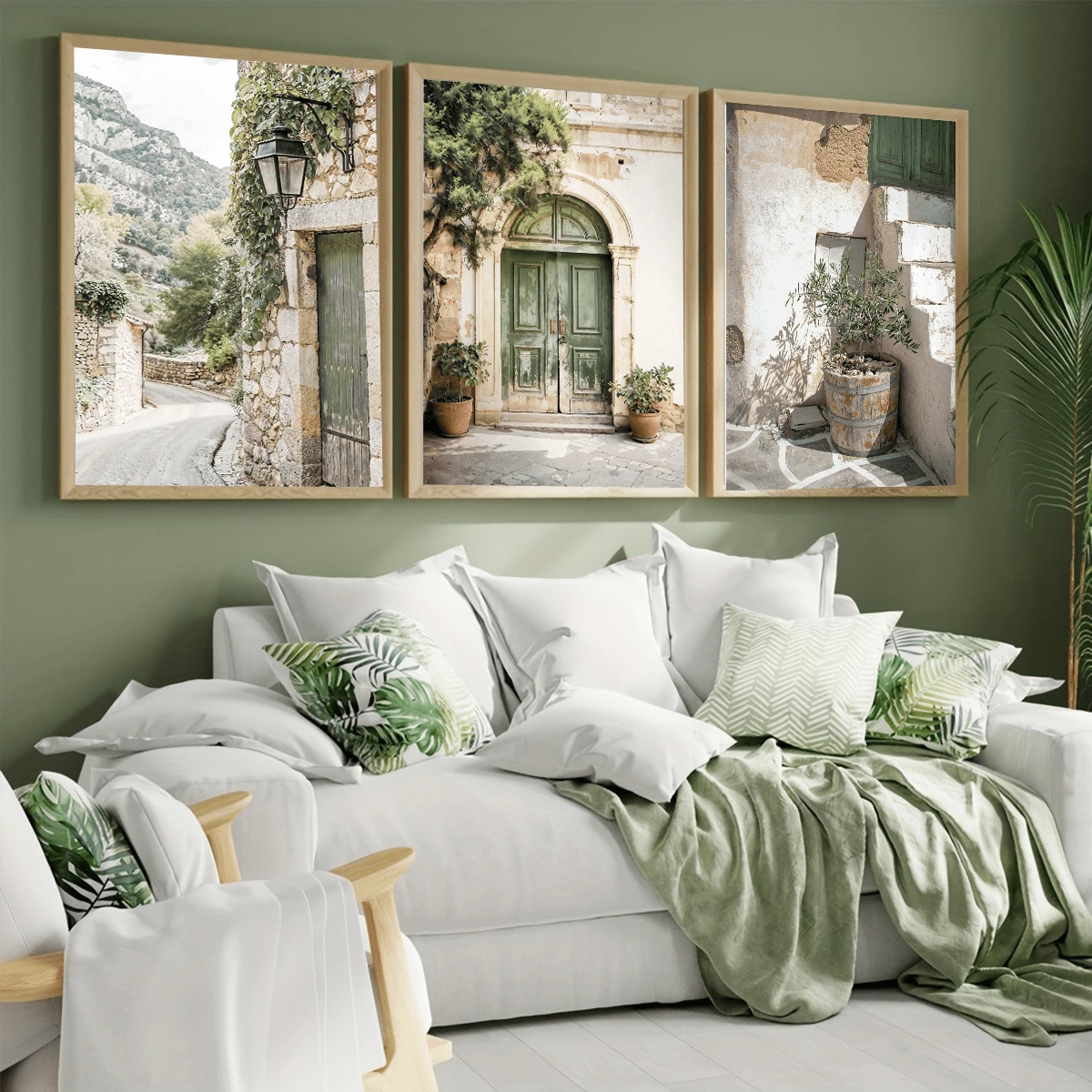 3pcs Boho Style Wall Decor Set, Green Majorca Style Door Hanging Poster, Olive Tree & Floral Plant Theme Wall Art, Minimalist Home Decor For Living Room, Bedroom, Bathroom, Kitchen, Office, Canvas Material (Frame Optional)