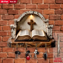 Christian Jesus Bible Wall Hanging Key Rack 2D Flat Non-3D Vintage Icon Cross Wooden Key Storage Hook Believer Home Entryway Wall Faith Decor Plaque - Jesus Bible Theme - View 8