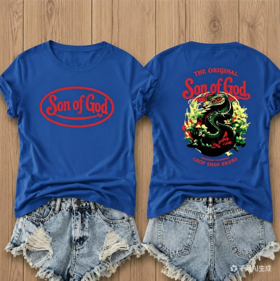 Women's Casual Blue Cotton T-Shirt With 'Son Of God' Print, Round Neck Short Sleeve Top For Summer Outfits - 寶藍色 - 查看 1