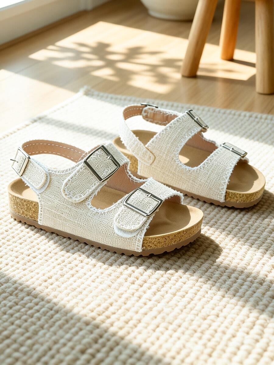 Popular Best-Selling 3-12 Years Old Kids Light White Sandals, Linen Tassel + Double Hook-And-Loop Closure, Fresh Artistic Style - Beige - View 1