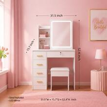 Compact LED Lighted Dressing Table Set With Storage Drawers & Side Shelves, Functional Makeup Desk With Stool, Must-Have Bedroom Furniture, Sweet Gift For Women - 白色 - 查看 2