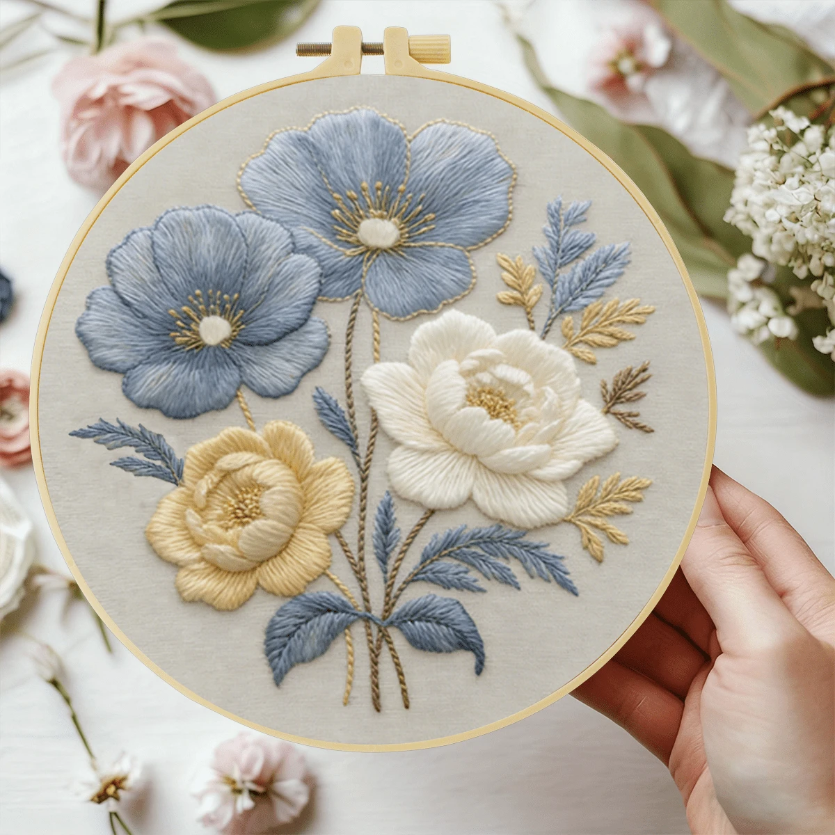 1套初學者DIY刺繡套裝，20x20cm/7.9x7.9英吋，精美花卉圖案，包含刺繡布料、使用說明書、刺繡框、針線，適合節日禮物、居家與辦公室手工藝術，送給朋友或家人的完美選擇