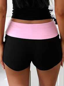 Petite Women's Black Fitted Two-Tone Patchwork Casual Shorts Summer - Black - View 3