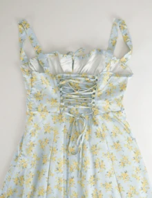 Sexy Women Midi Dress, Corset Bustier Spaghetti Strap Summer Dress With Slit, Floral/Plain Sundress For Vacation Beach Outfit, Party, & Casual Wear - 藍色 - 查看 7