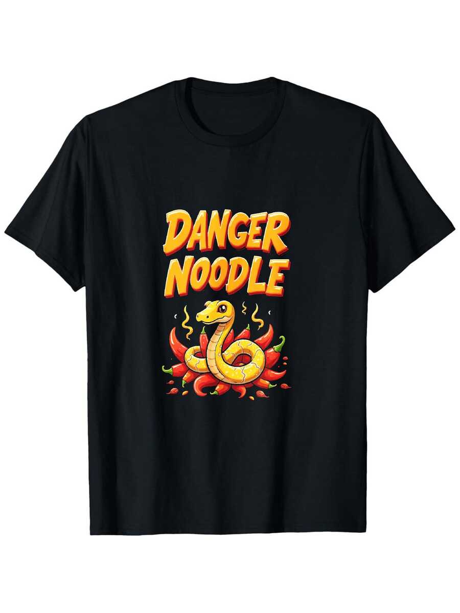1pc Men's 100% Cotton 180G Crew Neck T-Shirt, S-XXXL, Funny Dangerous Noodle Snake Terrier Print, Short Sleeve Casual Top - 黑色 - 查看 1