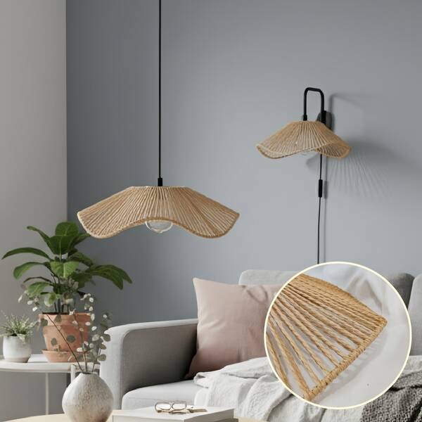 Bohemian Rattan And Paper Woven Lampshade, Pendant Light Shade, Artistic Decorative Lampshade, Rustic Farmhouse Style Pendant Light Shade, Asymmetrical Pendant Light, Handmade Woven Lampshade, Warm Light Lampshade (Light Bulb Not Included)