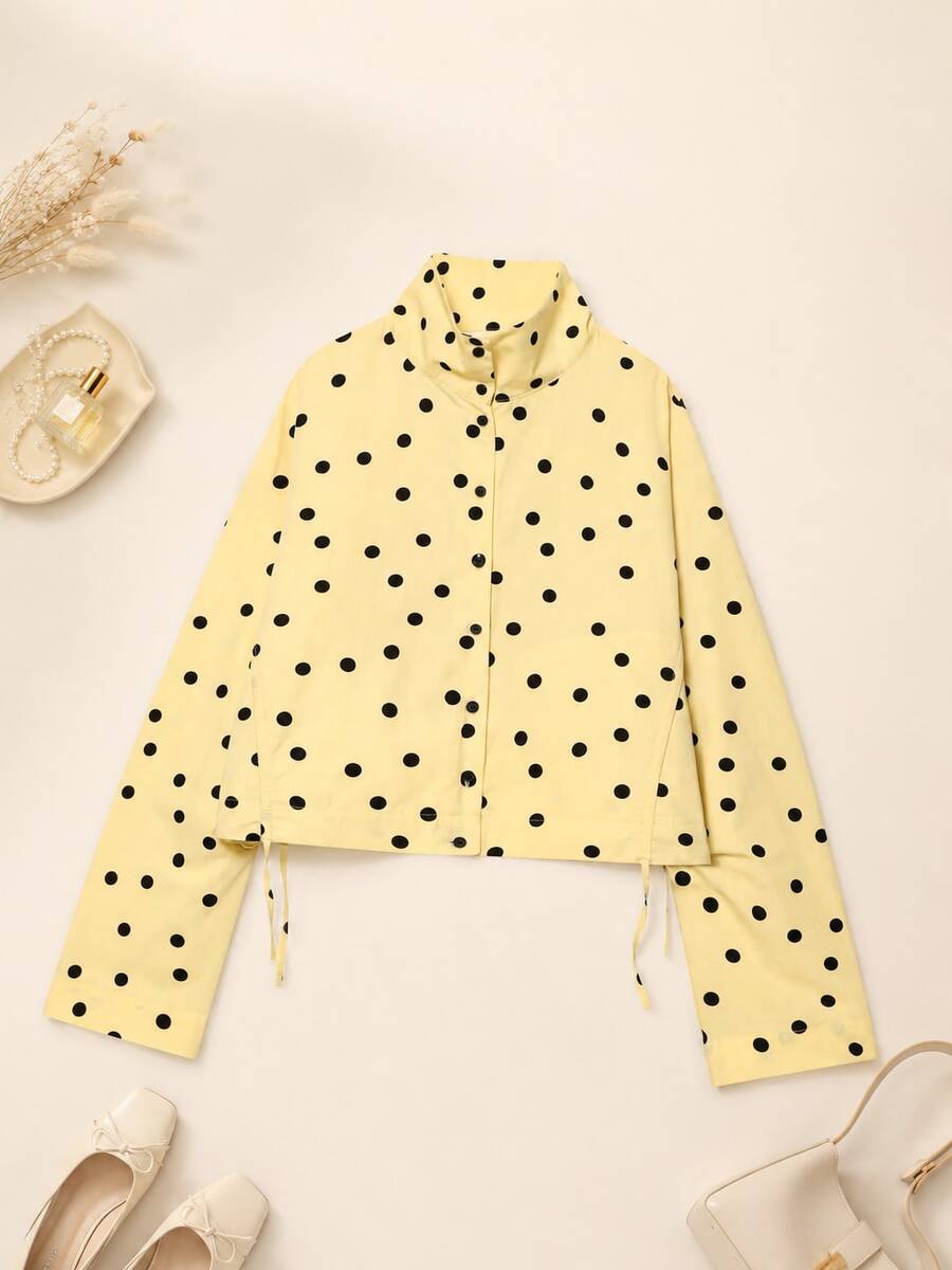 Chaqueta ligera de cuello alto con cordón y plisado de lunares para primavera, verano y otoño - Amarillo - Ver 1