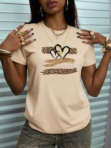 Men's Fashion Explosion Short Sleeves. Casual Summer T-Shirt For Women With Vintage Leopard Print And Heart Design, Round Neck, Short Sleeves, For Everyday Wear. - 杏色 - 查看 1