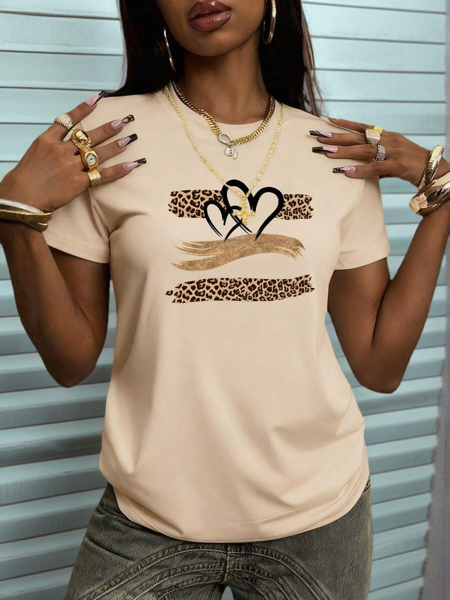 Men's Fashion Explosion Short Sleeves. Casual Summer T-Shirt For Women With Vintage Leopard Print And Heart Design, Round Neck, Short Sleeves, For Everyday Wear. - 杏色 - 查看 1