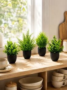 Artificial Mini Potted Green Plant With Faux Leaves And Black Pot; Maintenance-Free No Watering Required, Suitable As Small Decorative Ornament For Indoor Home Environment, Including Desk, Storage Shelf, Kitchen And Bedroom - Multicolor - View 4