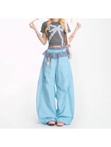 Summer Clothes, Women's Pants, Checkered Lace Wide-Leg Pants, Retro Style, Lightweight, Casual, Cargo Pants, Figure-Flattering, Cute. - Blue - View 5