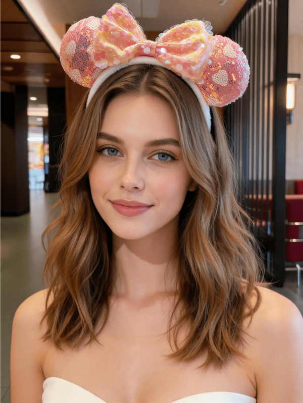 Miniso Disney Pink Sequin Bow Headband 1Pc Soft Flannel Comfortable Non Slip Lightweight For Women Adults Daily Theme Park Cosplay Party Gift