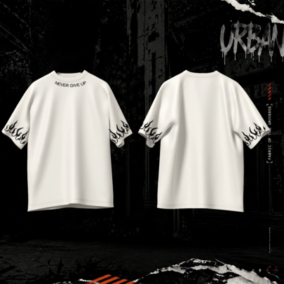 Camiseta Oversized Estampa Never Give Up Bordada Na Gola E Estampa De Chamas Streetwear Unissex Algodão Em Gola Alta Malha Premium