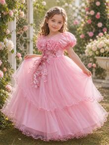Young Girls Elegant Petal Sleeve Wedding Dress Princess Gown With Beaded Sequin 3D Floral Decor Fluffy Long Skirt, Suitable For Graduation Prom, Party Wear - Dusty Pink - View 4