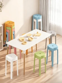 5 piezas de taburetes redondos de plástico grueso multicolor, apilables para almacenamiento, taburetes altos duraderos y antideslizantes para mesas de comedor del hogar, entrada para cambiar zapatos y uso en el baño. - Multicolor - Ver 3