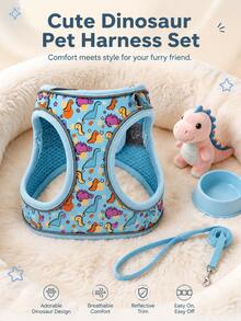 Cute Dinosaur Print Pet Harness And Leash Set, Adjustable Easy-To-Wear Cartoon Harness, Suitable For Small Dogs And Cats. Perfect For Daily Walks, Outdoor Trips And Photos, Fashionable Ins Style Pet Accessories, Perfect Gift For Pet Lovers. - Blue - View 1