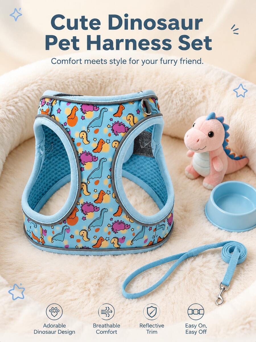 Cute Dinosaur Print Pet Harness And Leash Set, Adjustable Easy-To-Wear Cartoon Harness, Suitable For Small Dogs And Cats. Perfect For Daily Walks, Outdoor Trips And Photos, Fashionable Ins Style Pet Accessories, Perfect Gift For Pet Lovers. - Blue - View 1