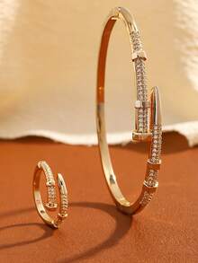 2pcs Luxury White Gold Plated Round Cubic Zirconia Open Adjustable Nail Shape Women's Jewelry Set Suitable For Women's Daily Commute Wear - Gold - View 1