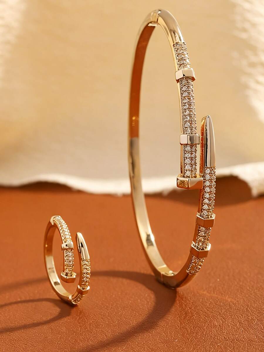 2pcs Luxury White Gold Plated Round Cubic Zirconia Open Adjustable Nail Shape Women's Jewelry Set Suitable For Women's Daily Commute Wear - Gold - View 1
