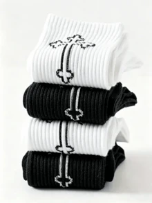 10 Pairs Unisex Black And White Versatile Cross Mid-Calf Socks, Simple Solid Color, Minimalist Daily Wear, Suitable For Everyday Use - Multicolor - View 3