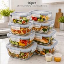 Stozle 10pcs Glass Food Storage Container Set With Vented Lids, Leak-Proof, Sealed Glass Lunch Boxes For Pantry, Kitchen, And Dishwasher Use (8 Food Storage Containers + 2 Spice Jars) - 10 Gray Pieces - View 11