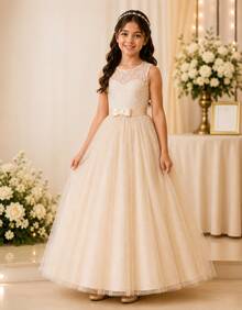 Children's Youth Long Party Dress Girl Flower Girl Bridesmaid Wedding Flower Girl Debutante Princess Miss - 3 To 16 Years - Premium Luxury - 米色 - 查看 1