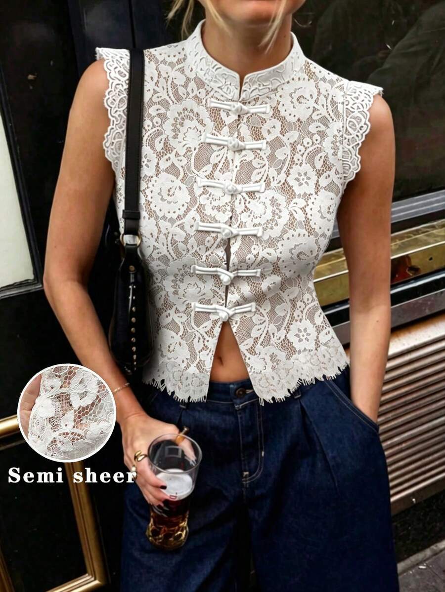 Women's New Chinese Style Frog Button Lace Vest, Stand Collar Sleeveless Crop Top, Modified Cheongsam Style Tank Summer - White - View 1