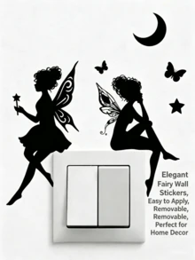 1 Set (6 Stücke) Schwarze Silhouette Feen Schalter Wandaufkleber, PVC selbstklebend abnehmbare Aufkleber mit Schmetterling, Stern, Mondsichel Magie Elementen, Prinzessin Schlafzimmer Steckdosenblende, INS verträumter Märchenstil Mietwohnung Renovierung DIY Wanddekoration - Wandaufkleber - Übersicht 6