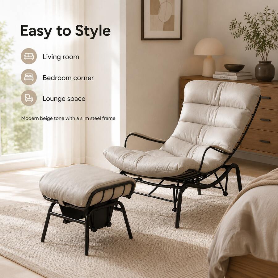 Beige Leather Upholstered Casual Chair And Ottoman Set, Padded High Back Steel Frame Single Chair, Suitable For Living Room/Bedroom/Reading Nook - White - View 1
