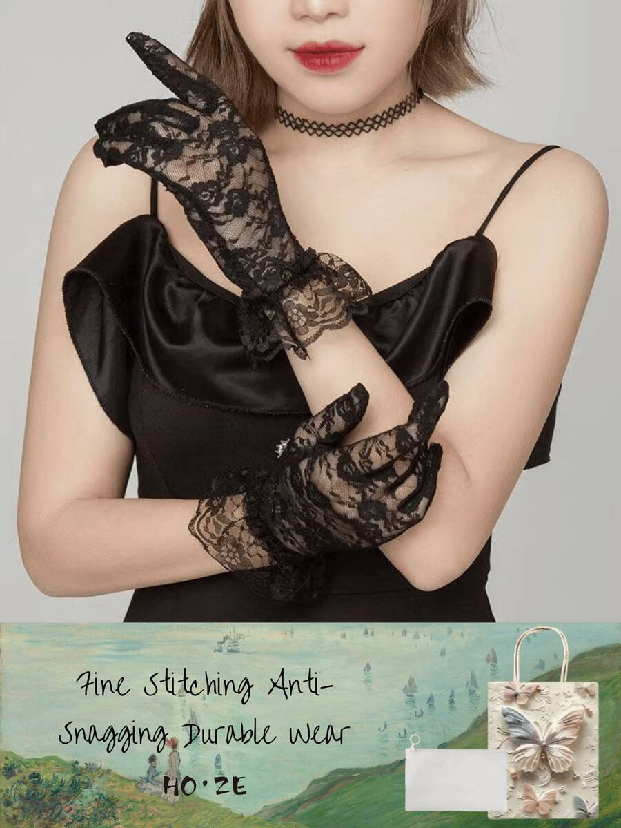 3/2/1件裝復古鏤空黑色蕾絲女款優雅手套/新娘手套,適用於各種婚禮、哥德風、蘿莉塔、萬聖節、聖誕節Cosplay造型搭配 - 黑色 - 查看 1