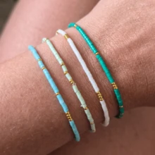 4件波希米亞風種子珠手鍊，時尚簡約彈性珠串銅珠多功能手工奢華風格，適合送給家人朋友的禮物，女孩、女性日常配戴（珠子位置隨機） - 淺藍色 - 查看 6