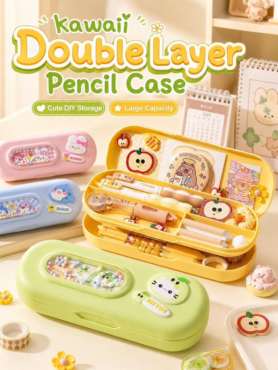 Tempat Pensil Dua Lapis dengan Jendela Gelembung yang Lucu, Kotak Pena Kustomisasi DIY Jepang Kawaii, Kotak Penyimpanan Alat Tulis Anak Kapasitas Besar, Perlengkapan Sekolah Siswa - Berbagai opsi untuk dipilih - View 1