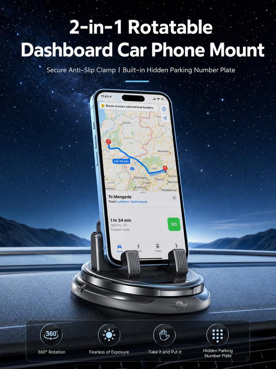 Multifunctional Hidden Parking Sign Car Phone Holder, 360 Degree Rotating Anti-Slip Center Console Navigation Mount, Universal Car Phone Holder