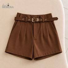 Women's Tailored High-Waisted Shorts With Gold Belt And Pockets – Elegant Casual Chic Look São João Women's Fashion 2026 Blogger Fashion Viral Social Comfortable Premium - 鏽棕色 - 查看 2