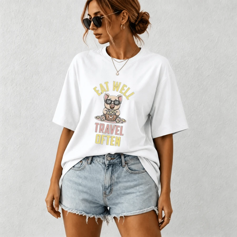 G Studio Women's Oversized T-Shirt Kawaii Pig Glasses With Popcorn Slogan "Eat Well Travel Often" Colorful Print Short Sleeve Casual - T01-白色 - 查看 1