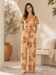 Long Jumpsuit, Thermal Print, All-Over Print, Polyester, Embroidered, With Belt, Buttons, Front Zipper, Birthday Party, Dating, Spring/Summer. - SALMÓN - Ver 4