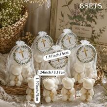 VICKYO 8 Sets de Recuerdos de Bautizo con Velas de Oso, Regalos de Recuerdo de Bautizo con Dijes de Cruz, Bolsas de Favor "Dios te Bendiga" para Invitados, Recuerdos de Ceremonia de Nombramiento, Decoraciones de Mesa para Recepción de Bautizo - Blanco-8 juegos - Ver 3