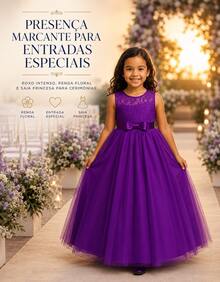 Long Dress For Children, Youth, Party, Flower Girl, Bridesmaid, Wedding, Flower Girl, Debutante, Princess, Miss, Lace With Bow, 3/4 Sleeve, Luxury - 3 To 16 Years - 紫色 - 查看 5