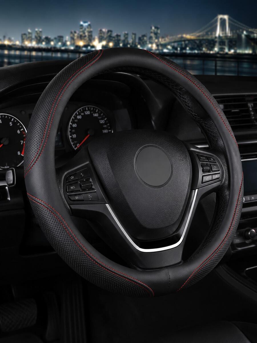 Perforated PU Leather Steering Wheel Cover, Non-Slip Inner Ring, Breathable Laser Cut Grip Protector, Durable Red Stitching, Unisex 14.5-15 Inch Car Interior Accessory, Soft Faux Leather Steering Wheel Cover - A - View 1