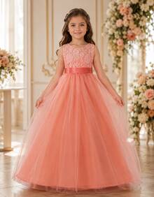 Long Dress For Children, Youth, Party, Flower Girl, Bridesmaid, Wedding, Flower Girl, Debutante, Princess, Miss, Lace With Bow, 3/4 Sleeve, Luxury - 3 To 16 Years - 乾枯玫瑰色 - 查看 1