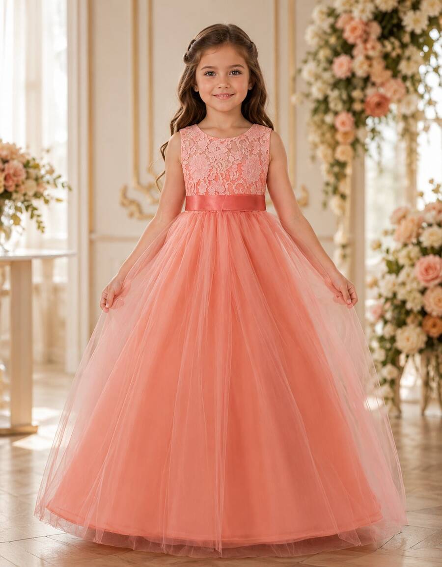 Long Dress For Children, Youth, Party, Flower Girl, Bridesmaid, Wedding, Flower Girl, Debutante, Princess, Miss, Lace With Bow, 3/4 Sleeve, Luxury - 3 To 16 Years - 乾枯玫瑰色 - 查看 1
