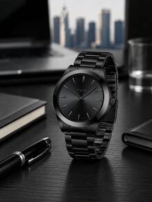 BIDEN 1pc Waterproof Stainless Steel Strap Analog Quartz Watch, Simple Business Watch For Men, Gift - Black - View 2