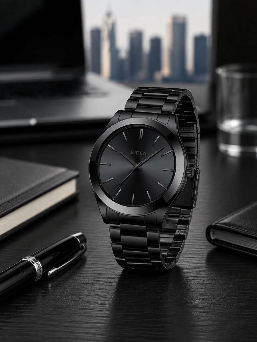 BIDEN 1pc Waterproof Stainless Steel Strap Analog Quartz Watch, Simple Business Watch For Men, Gift