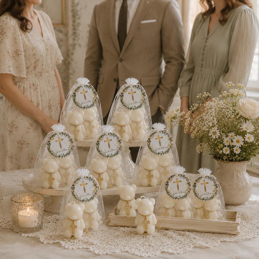 VICKYO 8 Sets de Recuerdos de Bautizo con Velas de Oso, Regalos de Recuerdo de Bautizo con Dijes de Cruz, Bolsas de Favor "Dios te Bendiga" para Invitados, Recuerdos de Ceremonia de Nombramiento, Decoraciones de Mesa para Recepción de Bautizo - Blanco-8 juegos - Ver 1