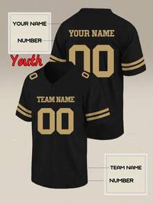 Custom Teens Football Jersey, Personalized Youth Black And Gold Sports Shirt - V-Neck Athletic Team Top With Name & Number - Multicolor - View 2