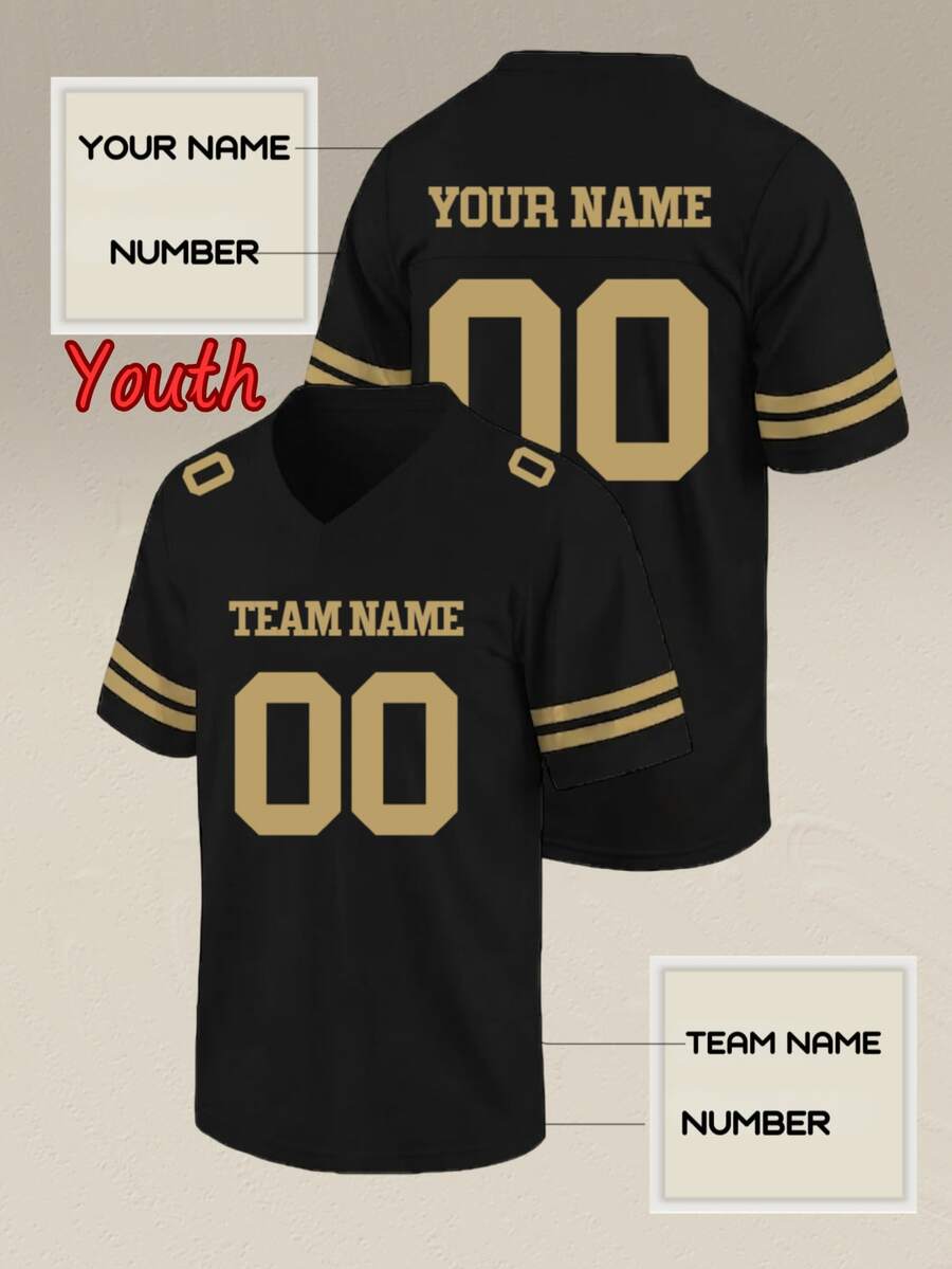 Custom Teens Football Jersey, Personalized Youth Black And Gold Sports Shirt - V-Neck Athletic Team Top With Name & Number