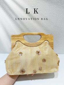 1 pièce Pochette de plage bohème, sac de soirée élégant pour femmes avec décoration florale en perles 3D, poignée en cadre en bois, style vacances d'été, avec chaîne métallique pour sac bandoulière, parfait pour les vacances d'été, les banquets, les mariages et autres occasions - Multicolore - Voir 12