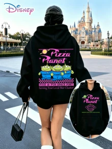 Disney Retro Y2K Toy Story Pizza Planet Alien Front Back Print Oversized Hoodie Soft Fleece Casual Streetwear Sweatshirt - Black - View 1